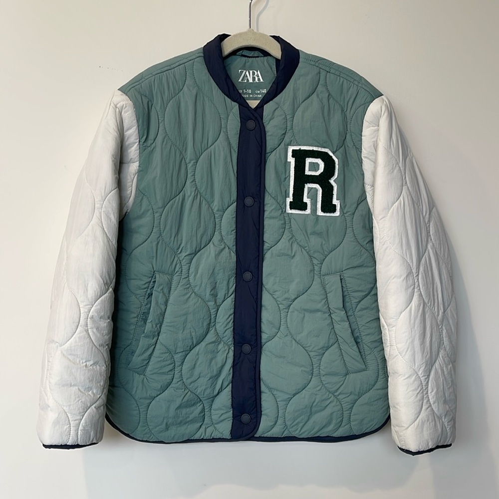 ZARA TERRYCLOTH PATCH QUILTED BOMBER in Light Green - Picture 2 of 8
